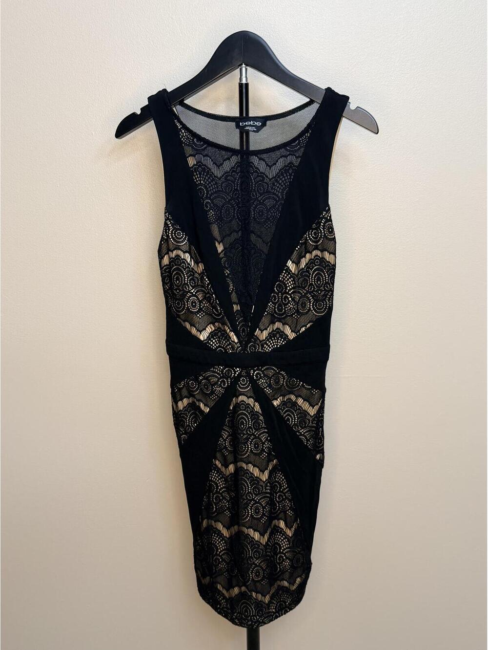 Bebe Black Lace Bodycon Dress Women’s XS Mesh Cutout Cocktail Mini Dress